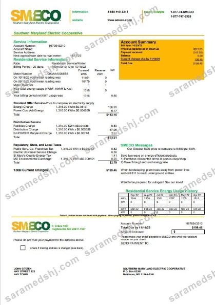 USA Maryland SMECO utility bill template in Word and PDF format